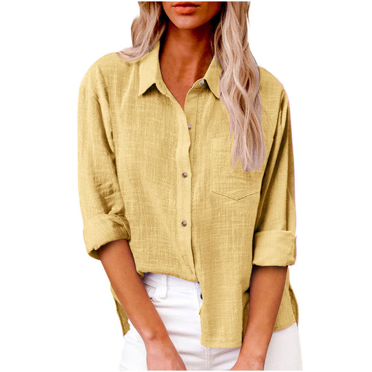 Damen nan oversized Leinen-Baumwollmix Hemdbluse mit Brusttasche und krempelbaren Ärmeln EB