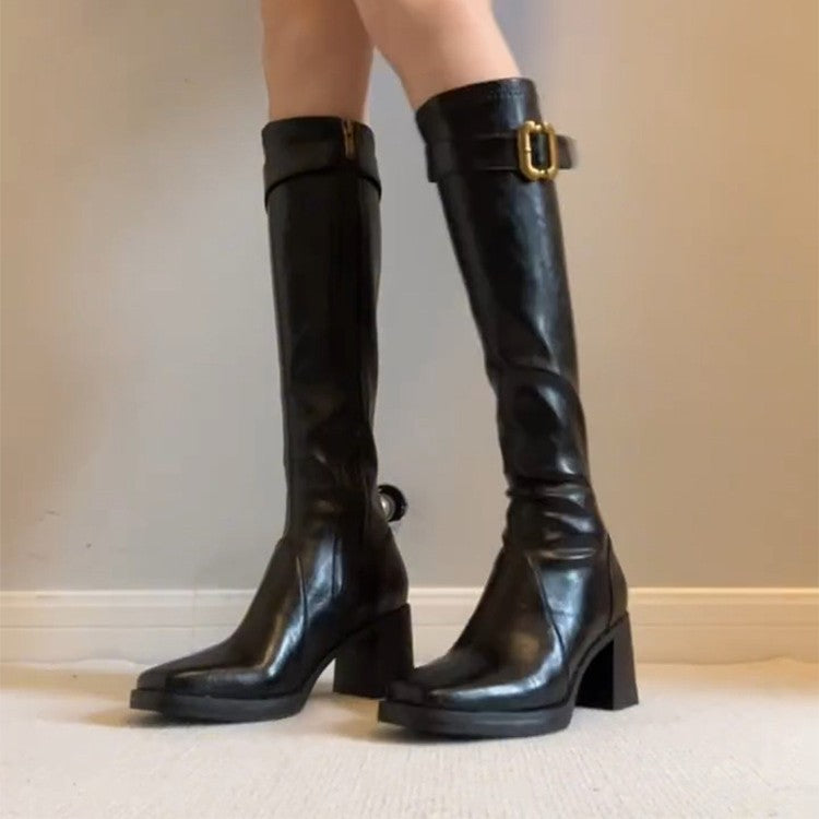Damen Stiefel mit elegantem Blockabsatz und modischem Schnallenverschluss EB