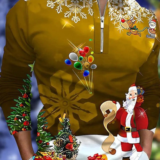 Herren Weihnachtliches Langarmshirt mit festlichem Grafikdesign und praktischem Reißverschluss EB