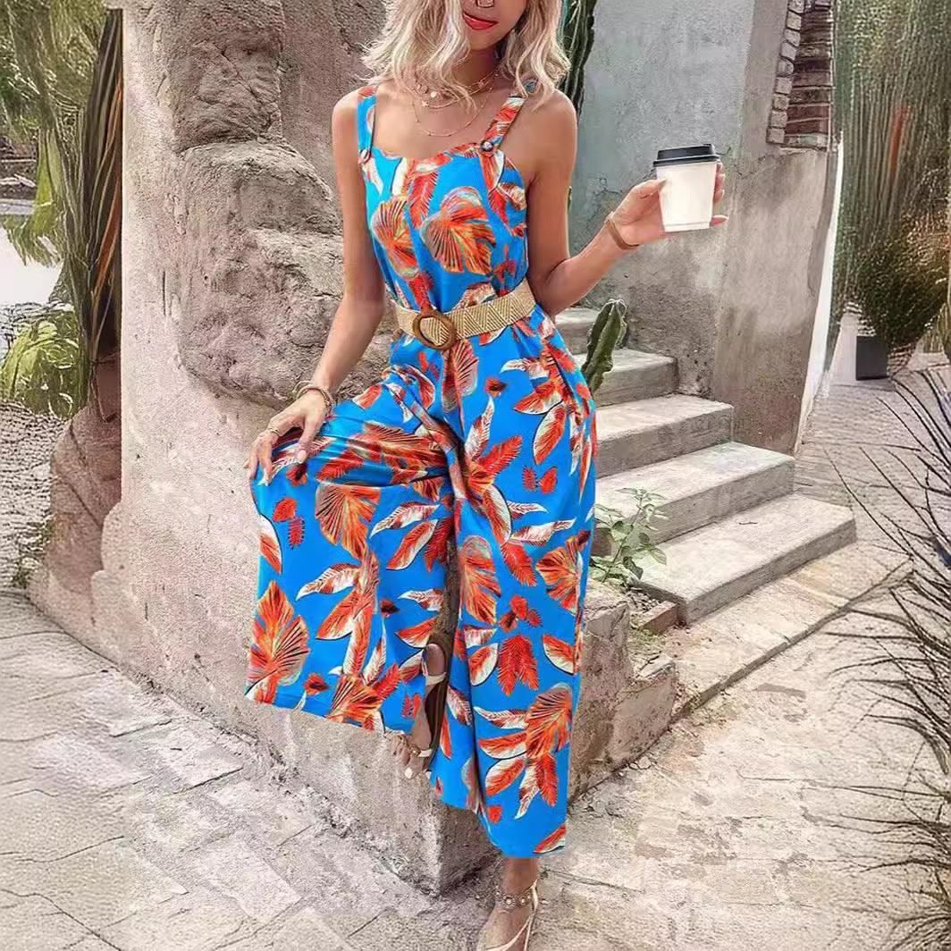 Damen lässiger Jumpsuit mit floralen Prints und breiten Beinen EB