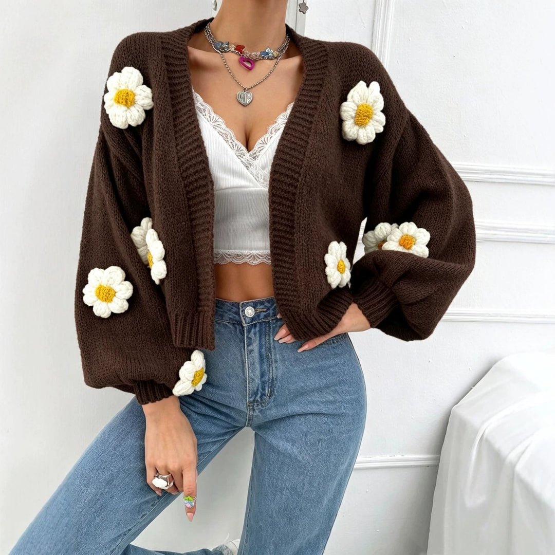 Damen Kurzgeschnittener Grobstrick-Cardigan mit 3D-Blütenapplikationen EB