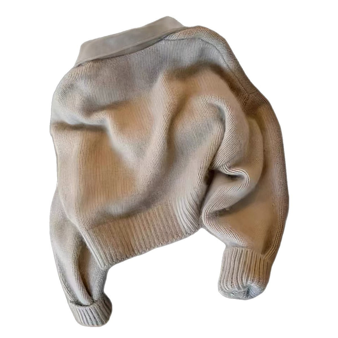 Damen nan kurz geschnittener Strickblouson mit Kunstlederkragen und goldfarbenem Metallreißverschluss EB