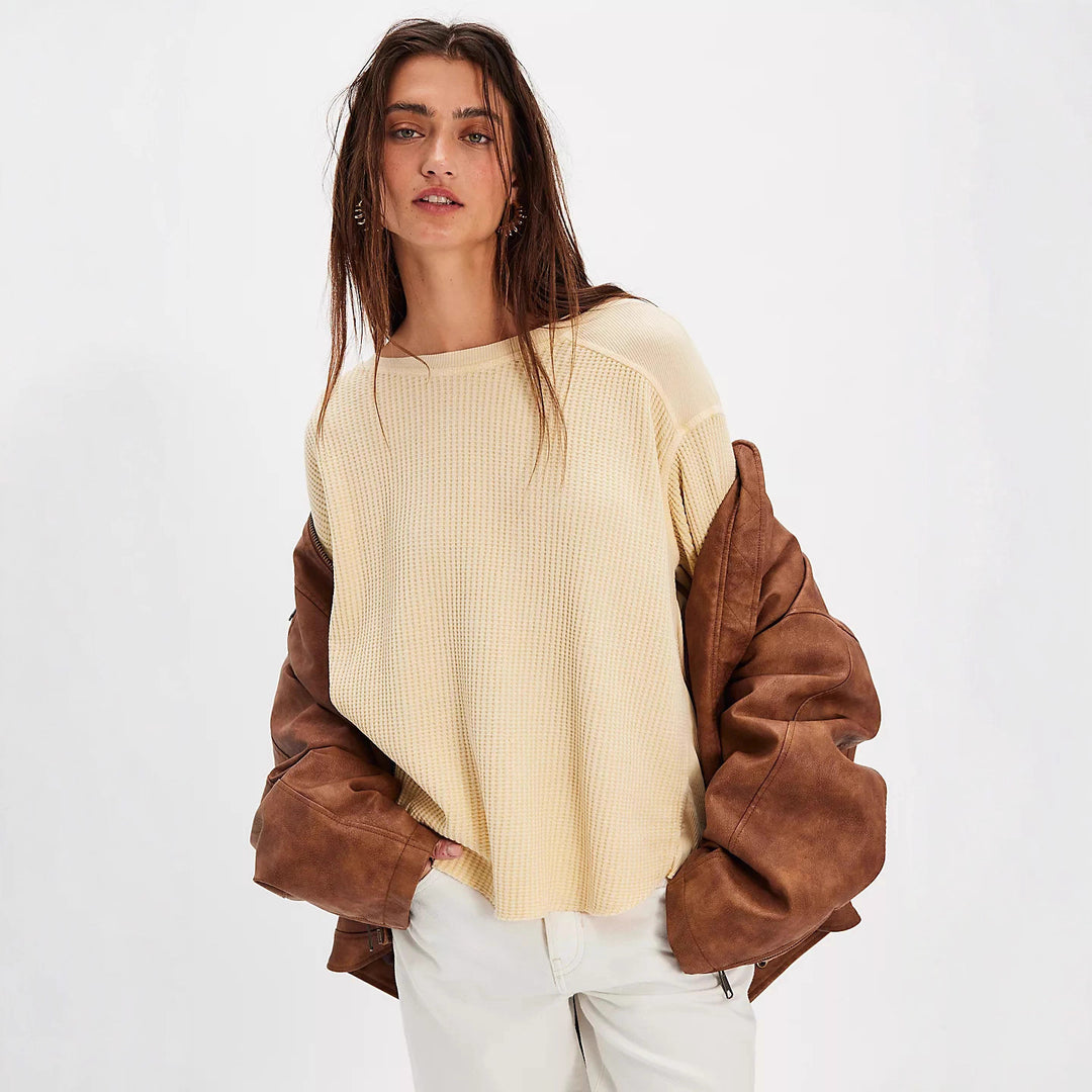 Damen Oversized Waffelstrick-Pullover mit weitem Schnitt und tiefem Raglan EB