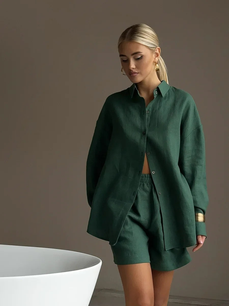 Damen lässige Leinenbluse und Shorts Set EB
