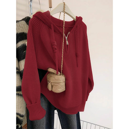 Damen Oversized Strickpullover mit Kapuze und praktischen Reißverschlusstaschen EB
