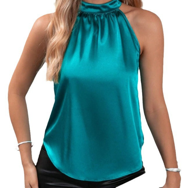Damen modisches Top mit hohem Kragen und schimmerndem Satin-Finish EB