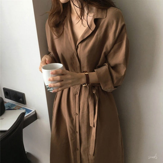 Damen Hemdblusenkleid mit Bindegürtel und lässigen Dreiviertelärmeln EB