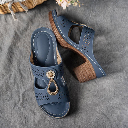 Damen elegante Wedge-Pantoletten mit Dekorativem Schmuckakzent EB
