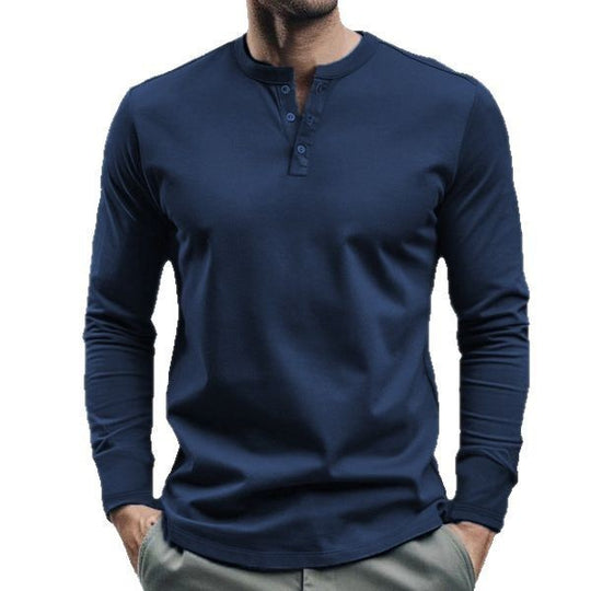 Herren nan langärmeliges Henley-Longsleeve mit Stehkragen, 3-Knopfleiste und elastischem Baumwollstretch EB