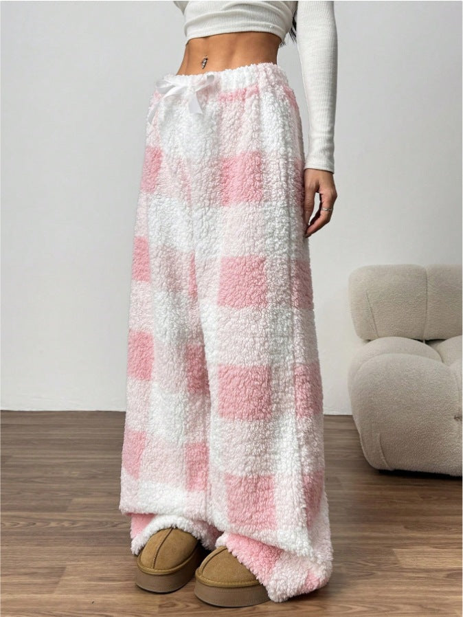Damen nan kuschelige karierte Fleece-Hose mit Tunnelzugbund und weitem Bein EB
