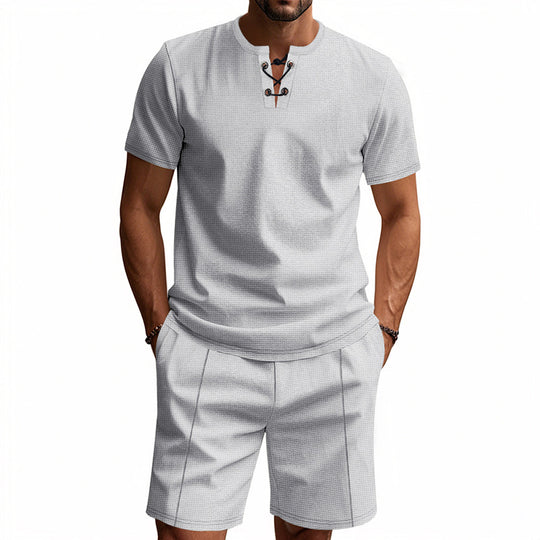 Herren nan kurzärmeliges Schnürkragen-Shirt im Waffeljersey mit Bundfalten-Bermuda EB