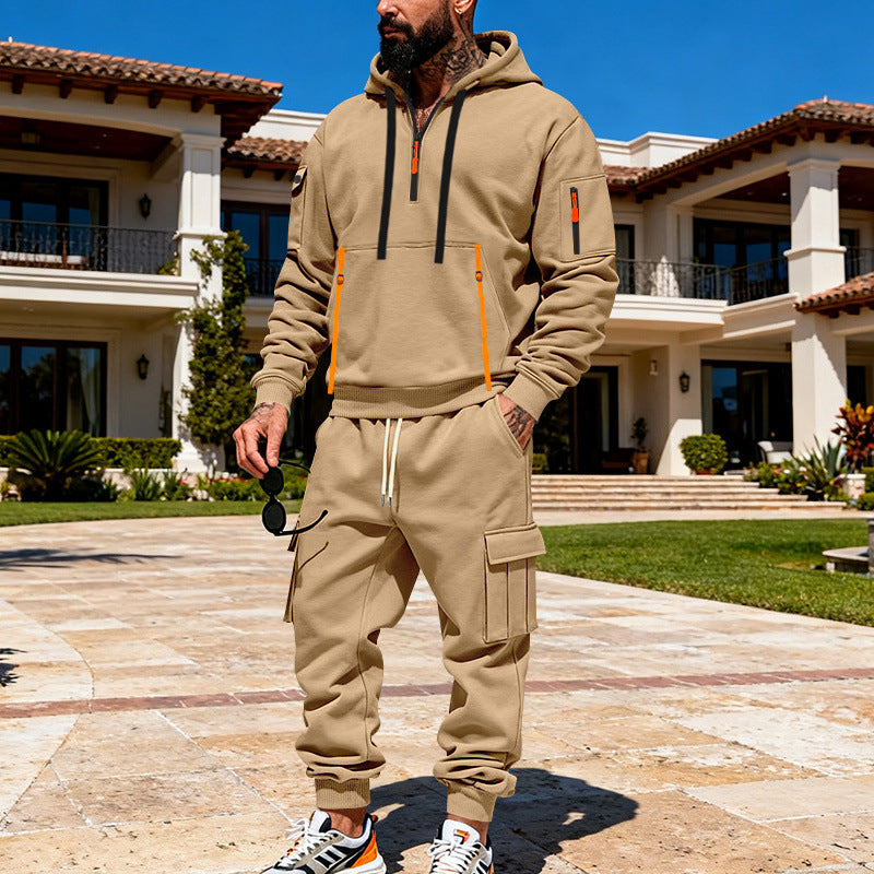 Herren nan urbanes Hoodie-Cargo-Set mit versteckten Reißverschlüssen, Mehrfach-Taschen und elastischem Saum EB