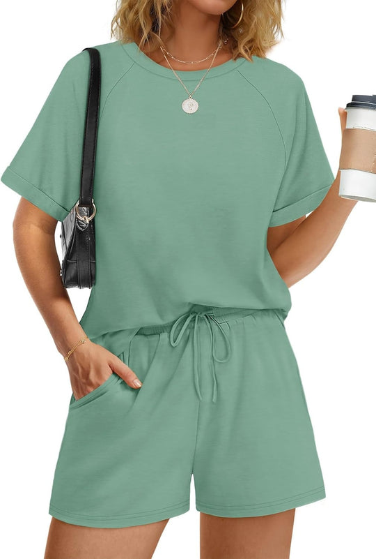 Damen lässiger Kombi aus T-Shirt und Shorts mit elastischem Bund EB