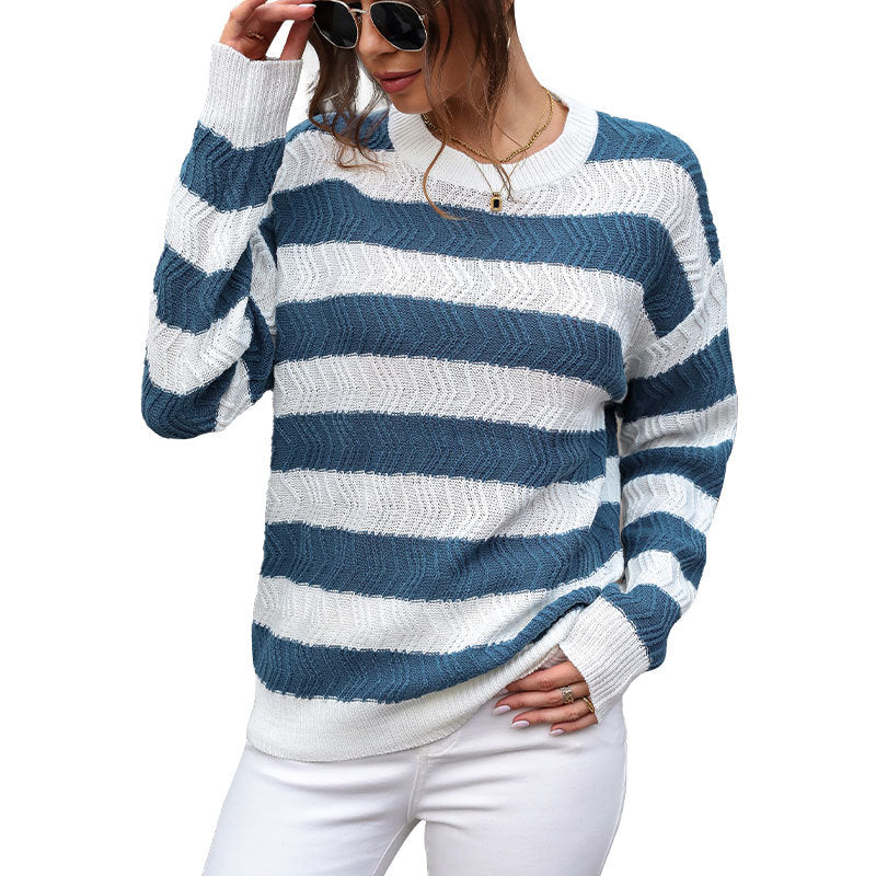 Damen gestreifter Strickpullover mit lässigem Schnitt und hohem Kragen EB