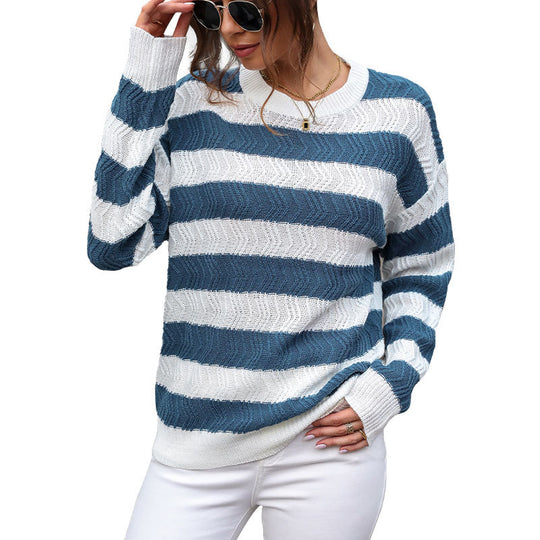 Damen gestreifter Strickpullover mit lässigem Schnitt und hohem Kragen EB