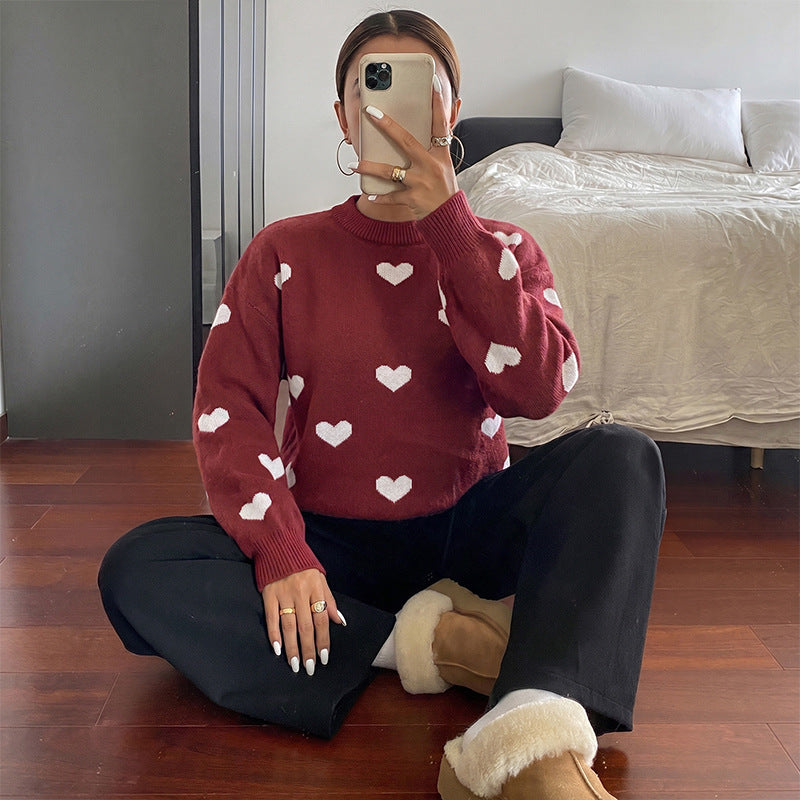 Damen Grobstrick-Pullover mit Herzintarsien und klassischem Rundhalsausschnitt EB