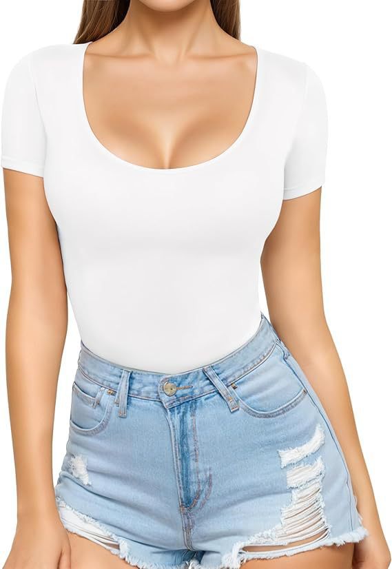 Damen figurbetontes Kurzarm-Body mit rundem Ausschnitt und nahtlosem Design EB