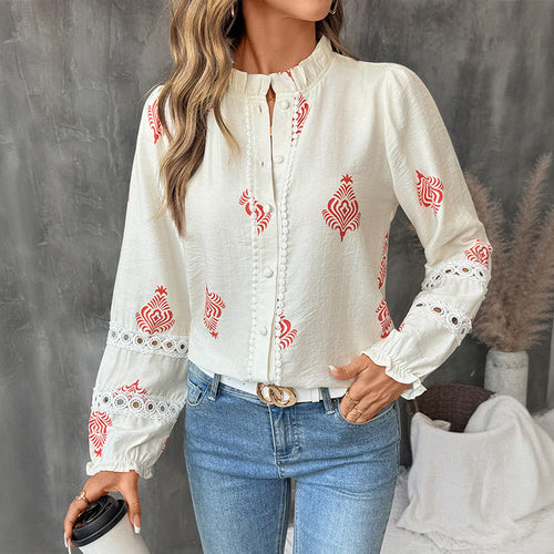 Damen Blusenoberteil mit verzierten Puffärmeln und klassischem Stehkragen EB