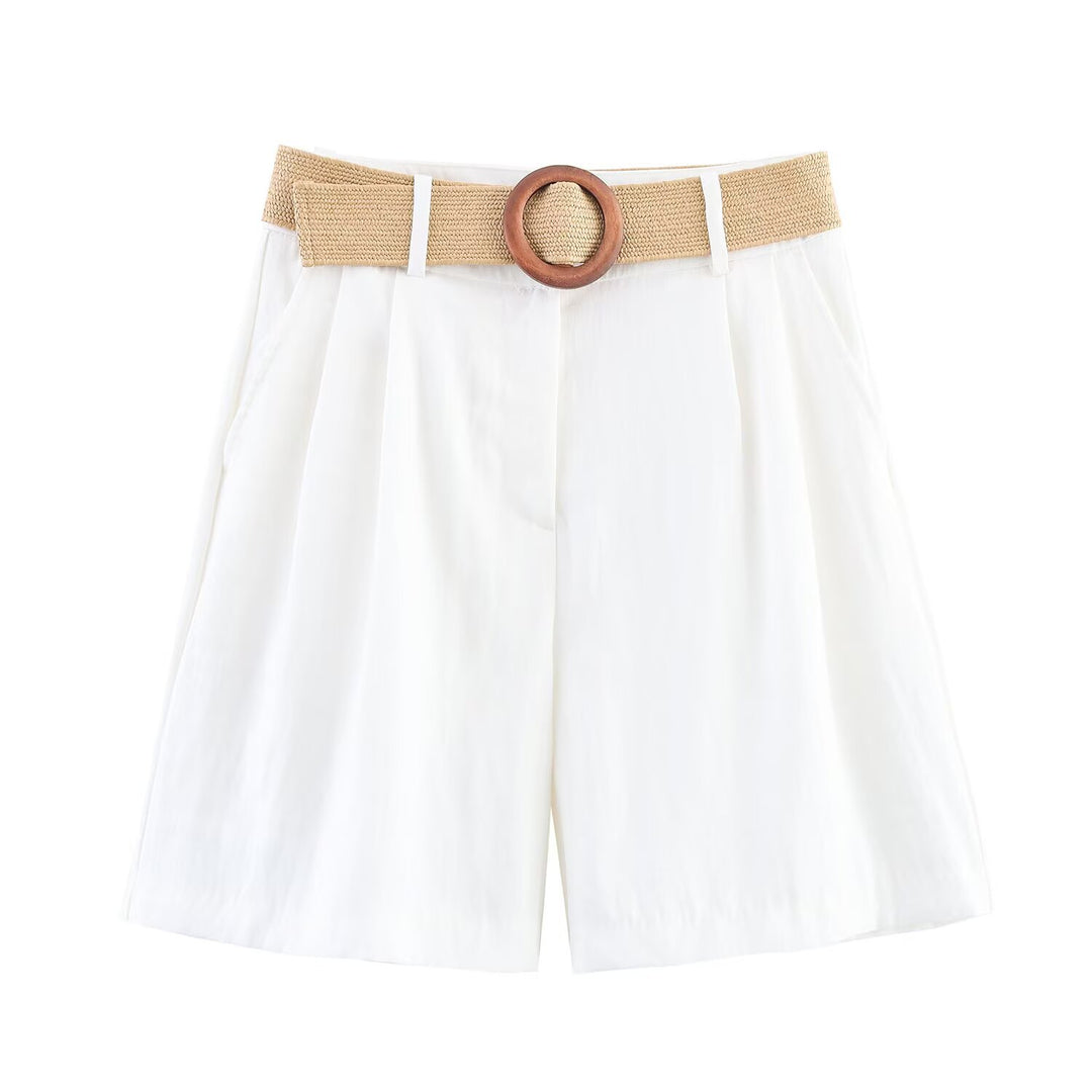 Damen elegante Shorts mit breitem, geflochtenem Gürtel EB
