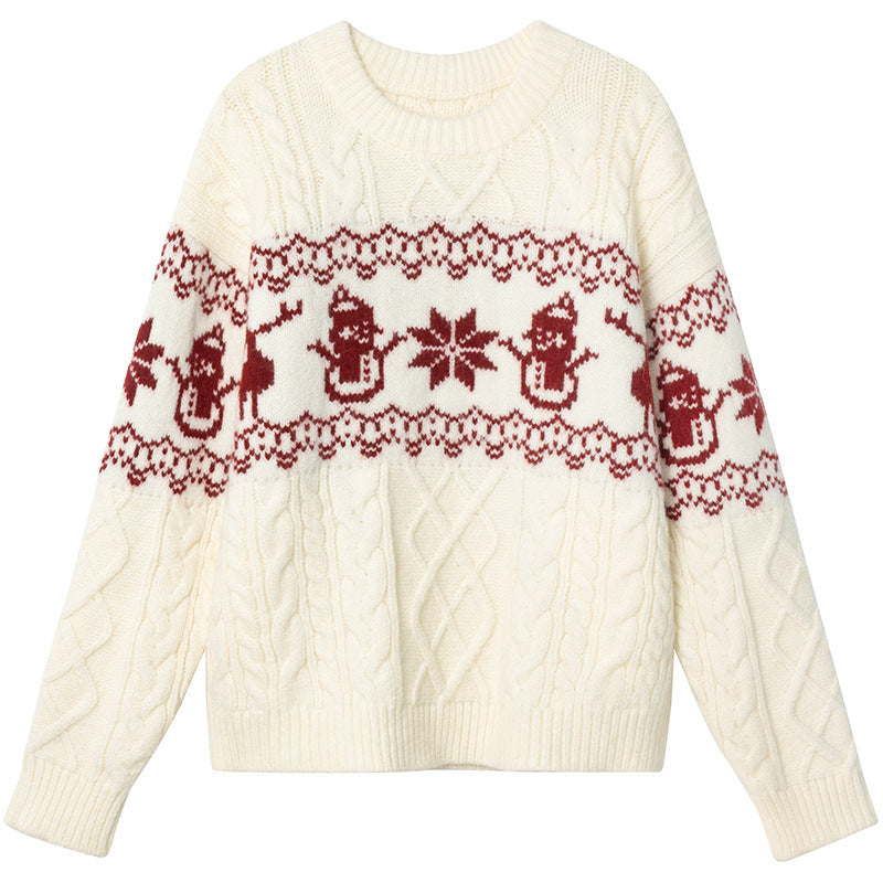 Damen Weihnachts-Pullover mit festlichem Zopfmuster und Schneemann-Motiv EB