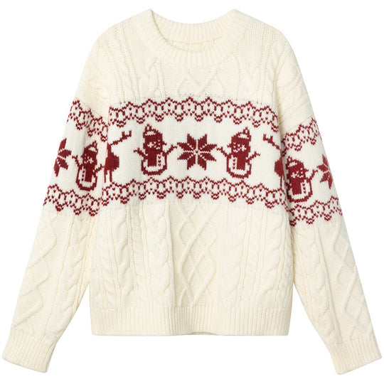 Damen Weihnachts-Pullover mit festlichem Zopfmuster und Schneemann-Motiv EB