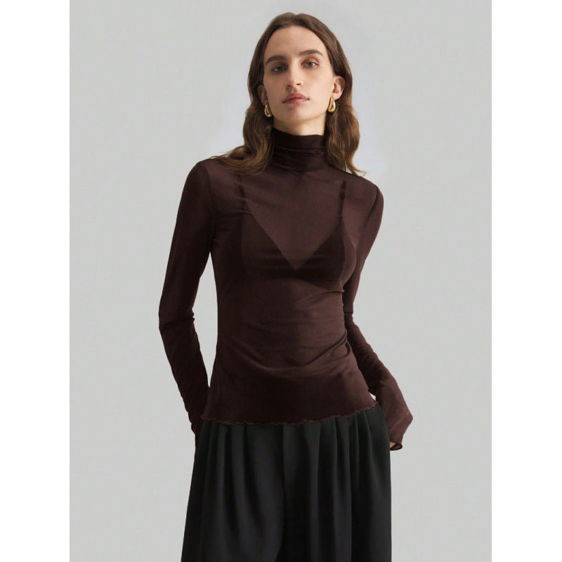 Damen Elegantes langärmliges transparentes Oberteil mit hohem Kragen EB