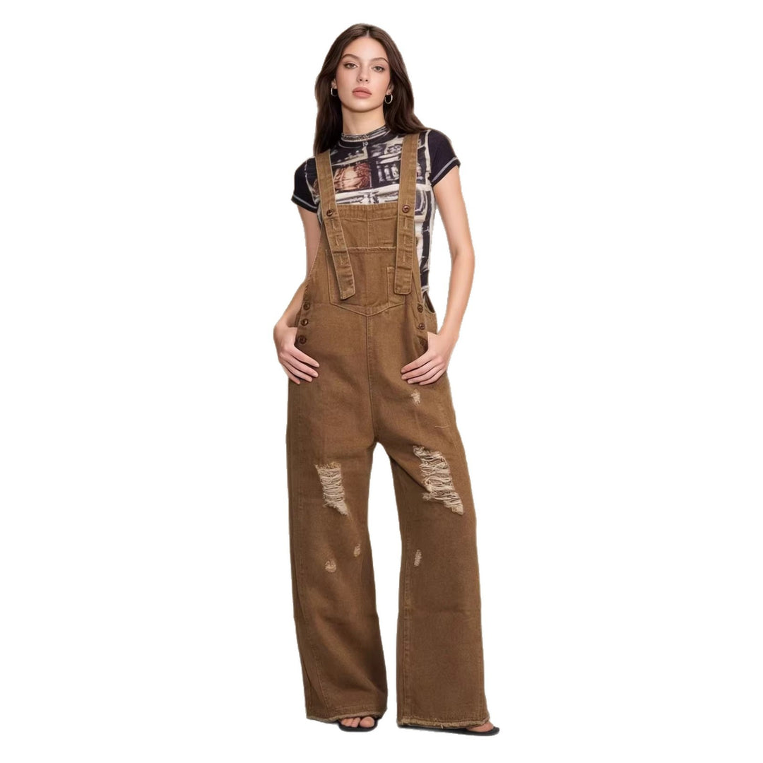 Damen nan moderne Baggy-Latzhose aus pigmentgefärbtem Stretch-Denim mit verstellbaren Trägern und sichtbaren Rissen EB