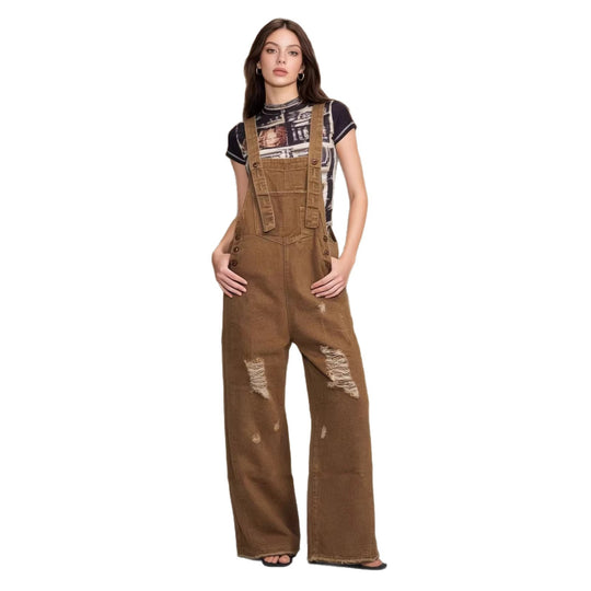 Damen nan moderne Baggy-Latzhose aus pigmentgefärbtem Stretch-Denim mit verstellbaren Trägern und sichtbaren Rissen EB