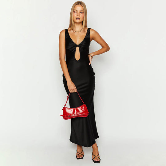 Damen figurbetontes Maxikleid mit tiefem V-Ausschnitt und Cut-Out EB