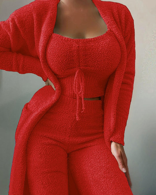 Damen nan luxuriöses Teddy-Fleece Lounge-Set mit Longcardigan, gerafftem Cropped-Bustier und Highwaist-Hose EB