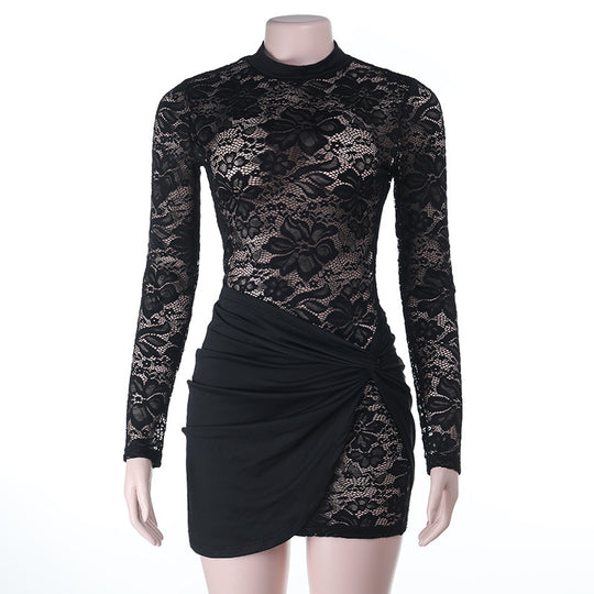 Damen figurbetontes Minikleid mit Spitzenärmel und avantgardistischem Wickeldesign EB