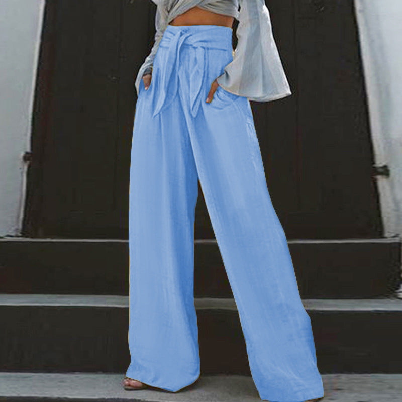 Damen nan weite High-Waist Leinenhose mit Bindegürtel und Eingrifftaschen EB