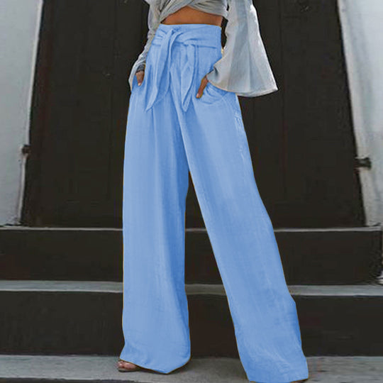 Damen nan weite High-Waist Leinenhose mit Bindegürtel und Eingrifftaschen EB