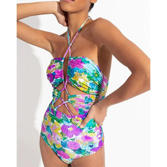 Damen Bikiniset mit voluminösen Rüschendetails und fließendem Maxi-Rock EB