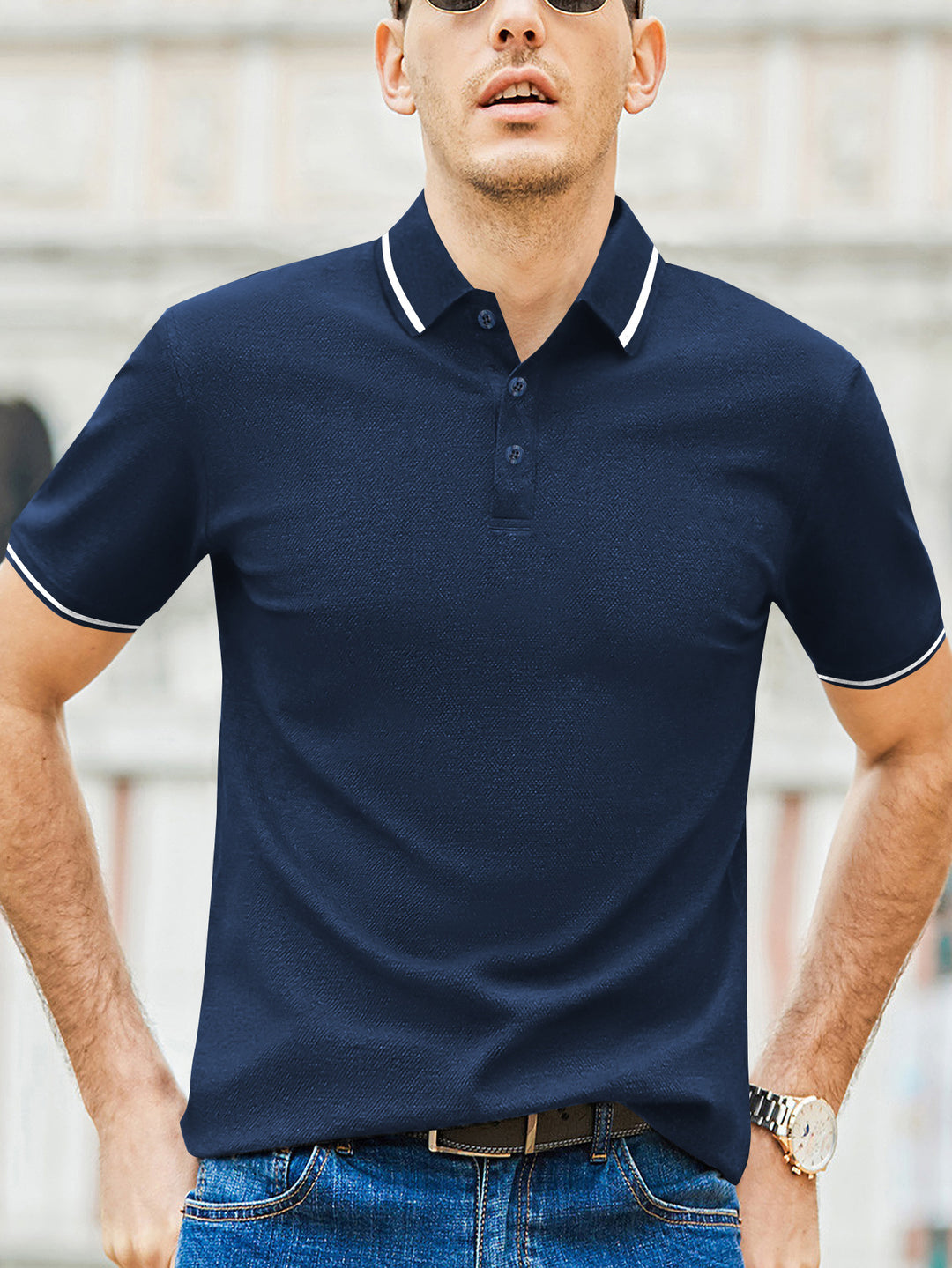 Herren Kurzarm-Polohemd mit modernem Bicolor-Kragen und atmungsaktiver Baumwollqualität EB