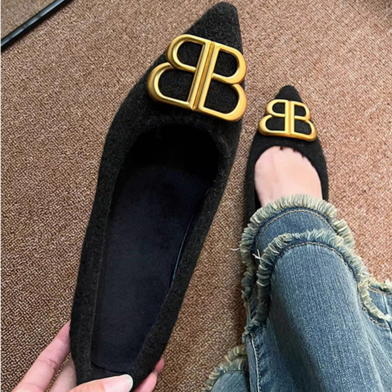 Damen modische Ballerinas aus filzartigem Material mit elegantem Schmuckdetail EB