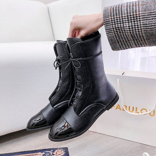 Damen  knöchelhohe Schnürstiefel mit spitzer Kappenausführung und genarbter Lederoptik EB