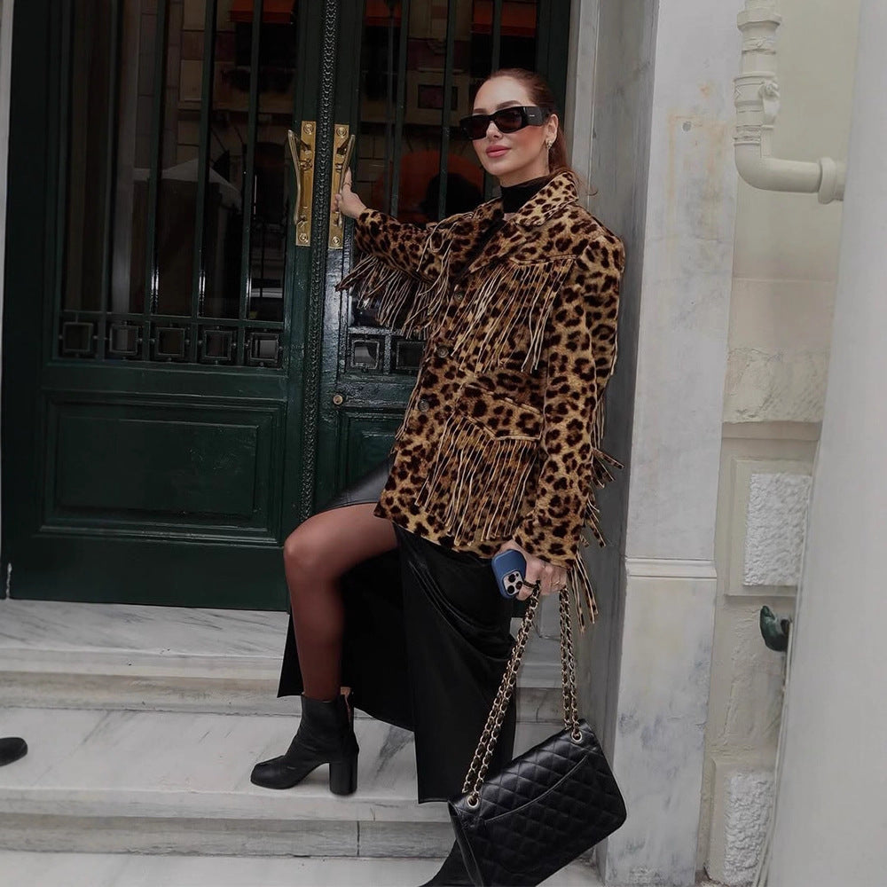 Damen Leoparden-Wildlederjacke mit Fransen und modischem Schnitt EB
