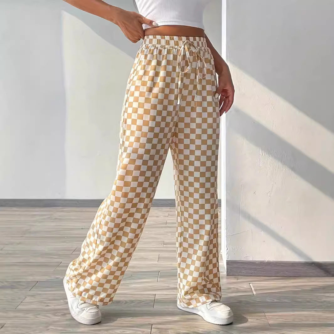 Damen weite Karohose mit elastischem Bund und Bindegurt EB