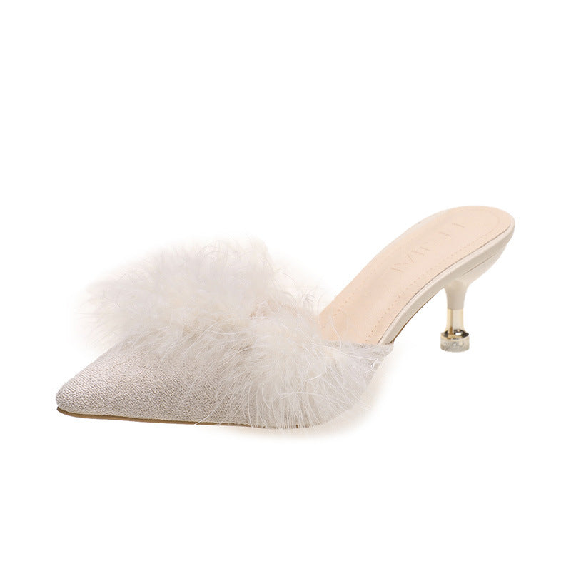 Damen Elegante Mules mit luxuriösen Federn und schickem Absatz EB