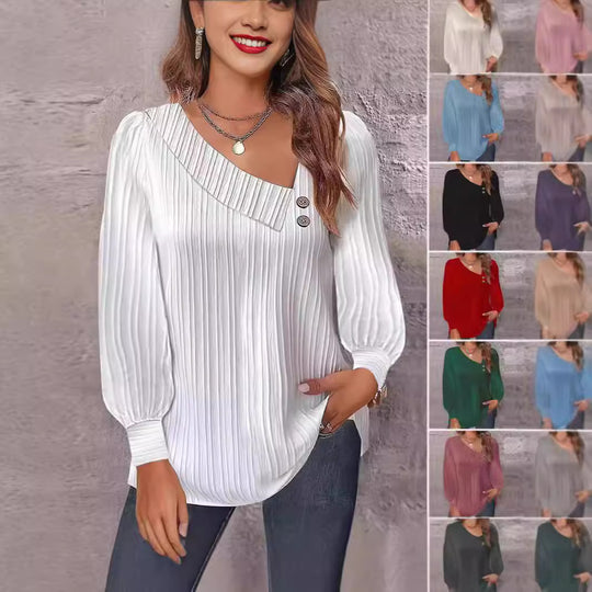 Damen Plissee-Bluse mit asymmetrischem Ausschnitt und Knopf-Details EB