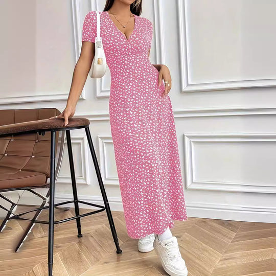 Damen Maxi-Kleid mit Blumenmuster und V-Ausschnitt EB