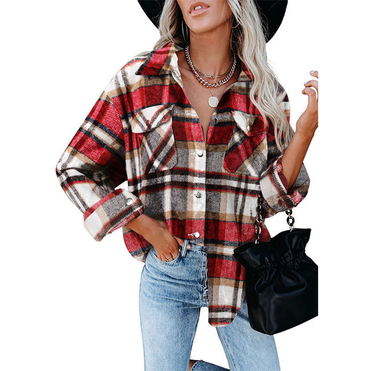 Damen Oversized Flanellbluse mit kariertem Muster und Knopfdetails EB