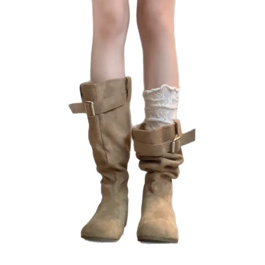 Damen Elegante und lässige Winterstiefel mit modischem Falten-Design und praktischer Schnalle EB