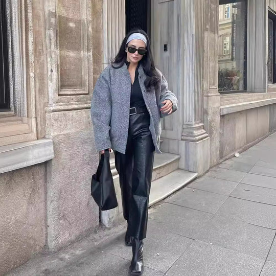 Damen flauschige Oversized-Jacke mit praktischen Taschen und elegantem Stehkragen EB