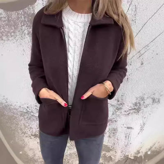 Damen modische Fleecejacke mit praktischen Taschen und elegantem Kragen EB