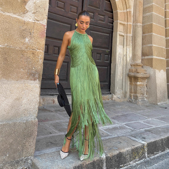 Damen Fransen Maxikleid mit elegantem Schnitt und fließendem Design EB