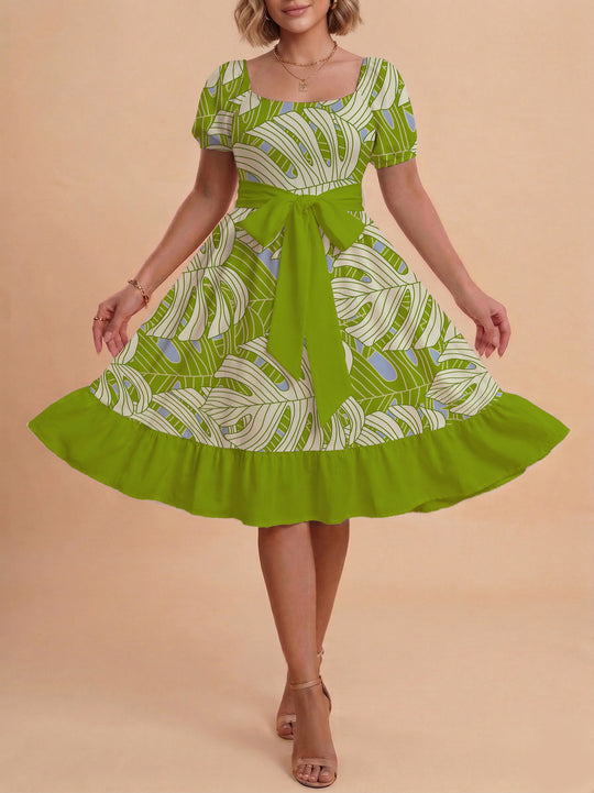 Damen A-Linien-Kleid mit floralen Motiven und taillierbarem Gürtel EB