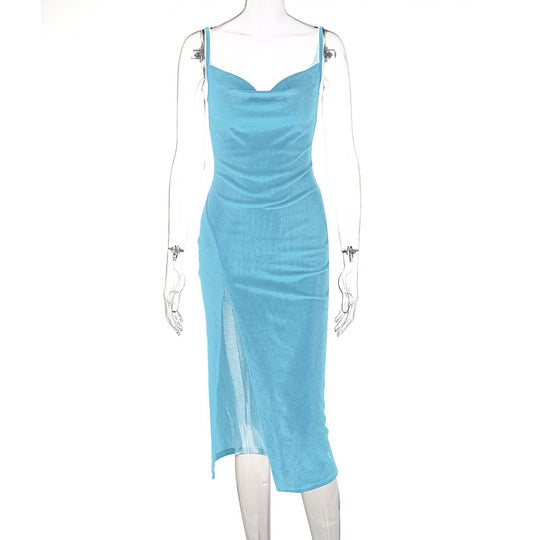 Damen Elegantes Satin-Midikleid mit Drapierung und Seitenschlitz EB