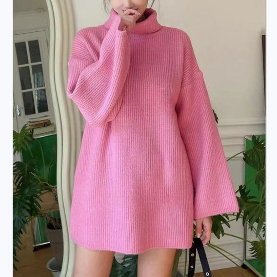 Damen Langer Strickpullover mit hohem Kragen und weit ausgestellten Ärmeln EB